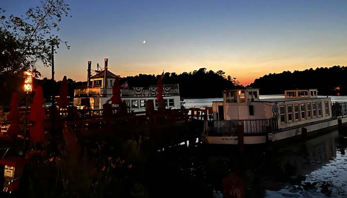 Chief Waupaca and Lady of the Lakes boats on the Chain O' Lakes at Clear Water Harbor restaurant and bar in Waupaca, WI