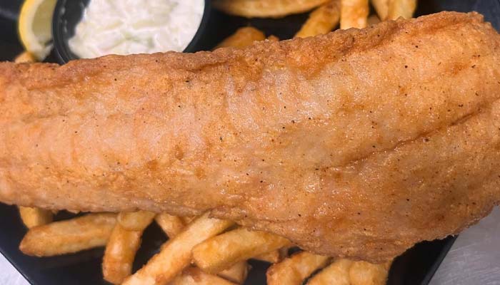 Breaded walleye fish dinner daily special at Clear Water Harbor restaurant and bar in Waupaca, WI