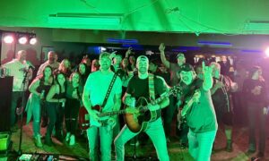 Three musicians performing on stage with a cheering crowd behind them, under green lighting.