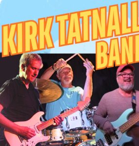 Three men play electric guitar, drums, and bass with Kirk Tatnall Band text above them.