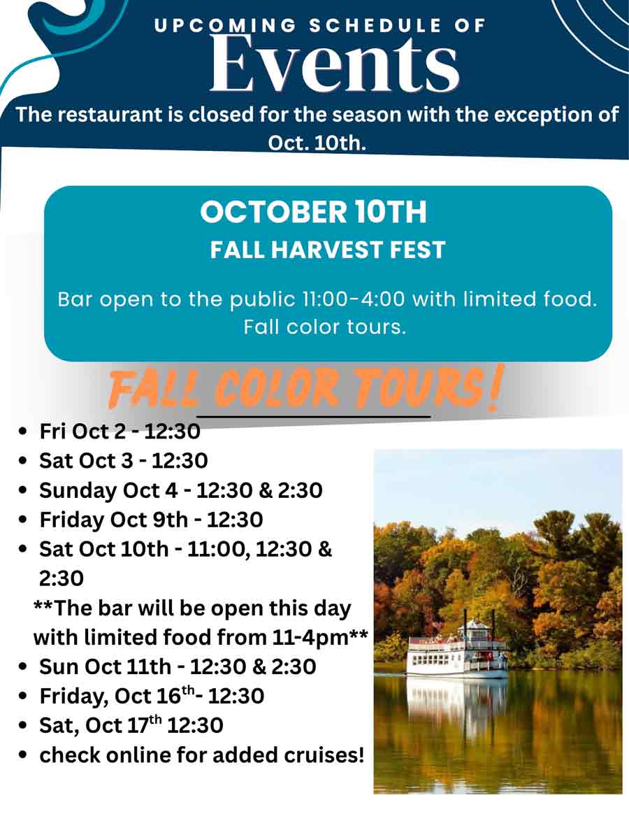 Discover fall events, bar details, and tour times at Clear Water Harbor with a riverboat image.