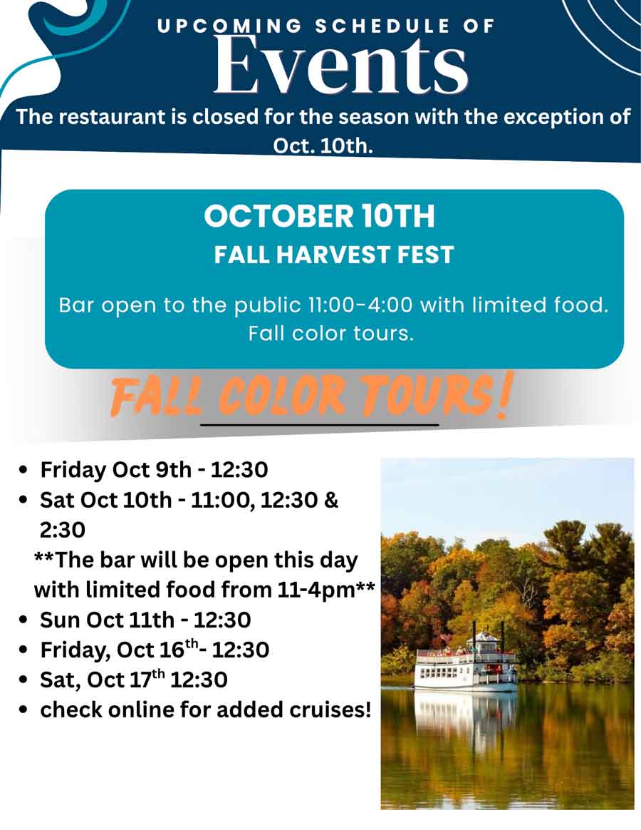 Event schedule for the October 10th Fall Harvest Fest and Clear Water Harbor autumn boat tours.